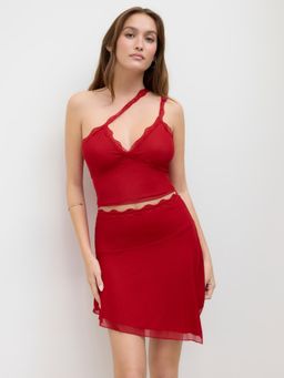 Cider - Mesh Lace Trim Crop Tank Top & Low Rise Asymmetrical Ruffle Midi Skirt (Set of 2)