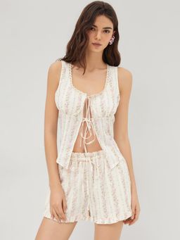 Cider - Cotton Trim Tie Front Split Top & Mid Rise Lettuce Trim Knotted Shorts (Set of 2)