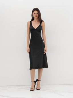 Cider - V-neck Lace Trim Midi Dress