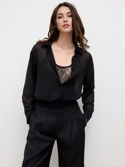 Cider - Chiffon Collar Lace Shirt Bodysuit
