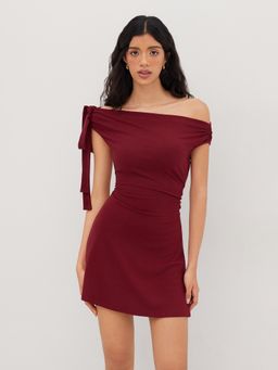 Cider - Asymmetrical Neck Bowknot Ruched Mini Dress