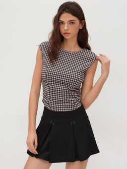 Cider - Boat Neck Gingham Backless Bowknot Top