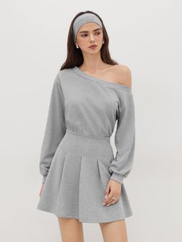 Cider - Asymmetrical Neck Pleated Mini Dress