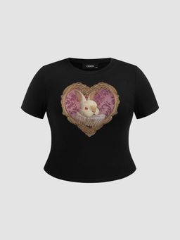 Cider - Heart Rabbit Graphic Crop Tee Curve & Plus