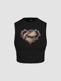 Cider - Punk Rabbit Graphic Round Neckline Ruched Crop Top