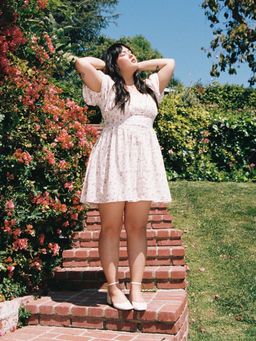 Cider - Square Neck Floral Lace Up Puff Sleeve Mini Dress Curve & Plus