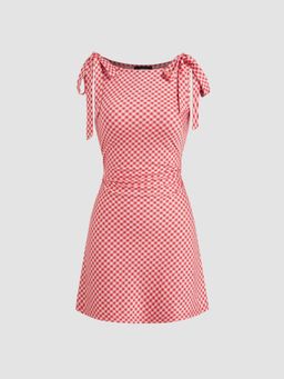 Cider - Boat Neck Gingham Bowknot Mini Dress