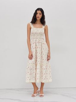 Cider - Square Neck Ditsy Floral Shirred Midi Dress