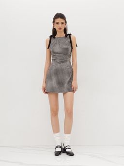 Cider - Round Neckline Gingham Bowknot Ruched Mini Dress