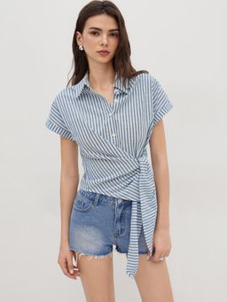 Cider - Cotton-blend Polo Stripes Knotted Short Sleeve Shirt
