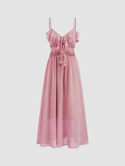 Cider - Chiffon V-neck Ruffle Lettuce Trim Knotted Maxi Dress