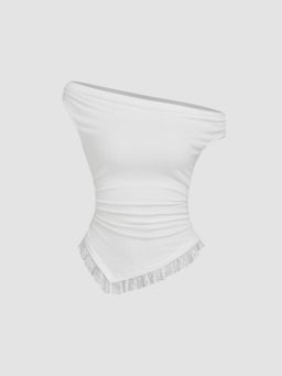 Cider - Asymmetrical Neck Lace Trim Ruched Top