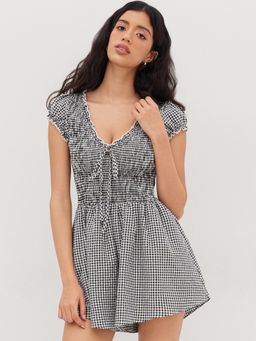 Cider - Cotton-blend V-neck Gingham Shirred Puff Sleeve Romper