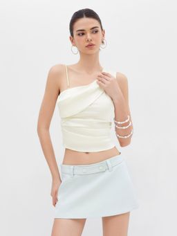 Cider - Satin Asymmetrical Neck Ruched Pearl Tank Top