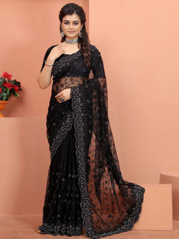 Odette - Black Embroidered Net Saree with Unstitched Blouse (Set of 2)
