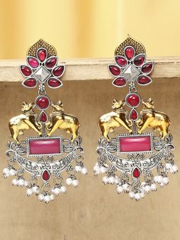 OOMPH - Oxidised Silver Ethnic Drop Earrings - Gold Nandi Cow Design