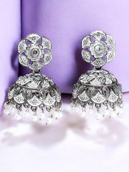 OOMPH - Oxidised Silver Large Jhumka Earrings - White Meenakari Floral Design