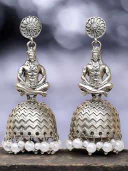 OOMPH - Oxidised Silver Jhumka Earrings - Lord Shiv Design