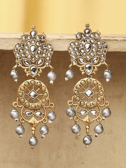 OOMPH - Kundan Ethnic Long Drop Earrings - Matte Gold And Silver Tone Floral Design