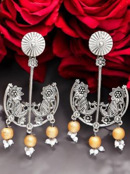 OOMPH - Oxidised Silver Ethnic Drop Earrings - Peacock Design With Golden Ghugroo