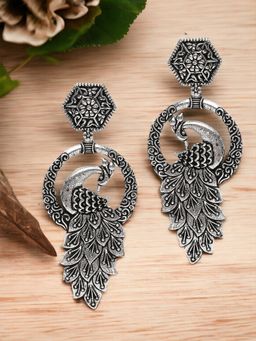 OOMPH - Silver Oxidised Silver Look Alike Peacock Shape Ethnic Drop Earrings