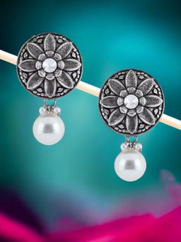 OOMPH - Oxidised Silver Ethnic Drop Earrings - Silver Round Shape With Pearls