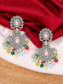 OOMPH - Silver Tone Pink, Green, Red And Yellow Kundan And Pearls Ethnic Drop Earrings