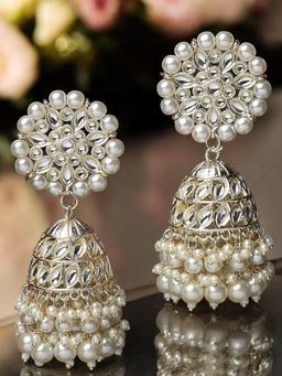 OOMPH - Gold Tone Jadau Kundan Pearls Large Ethnic Jhumka Earrings