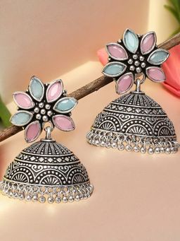OOMPH - Oxidised Silver Green And Pink Stone Floral Ethnic Large Jhumka Earrings