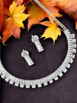OOMPH - Silver Tone American Diamond Cz Necklace Set With Drop Earrings