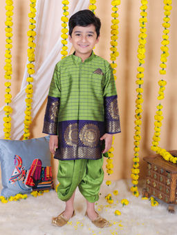 BownBee - Boy Kids Wear Silk Border Dhoti Kurta- Green (Set of 2)