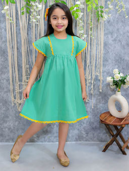 BownBee - Girls Kids Wear Panelled Summer Frock-Green