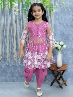 BownBee - Girls Embroidered Jacket with Top and Dhoti- Mauve (Set of 3)