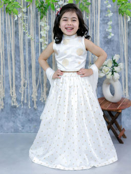 BownBee - Girls Chanderi Silk Lehenga Choli with Dupatta for Girls- White (Set of 3)