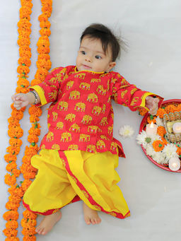 BownBee - Ethnic Dhoti Kurta for New Born Baby Boy-Red (Set of 2)