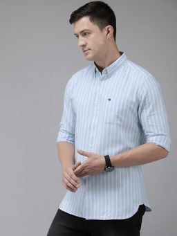 The Bear House - Men Blue & White Striped Slim Fit Twill Cotton Casual Shirt
