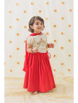 TIBER TABER - Girls Cream Devi Durga Blouse Lehenga with Dupatta (Set of 3)