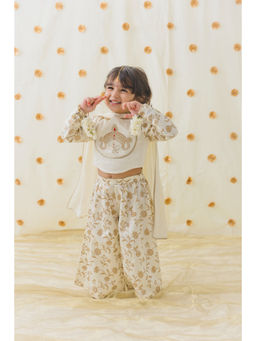 TIBER TABER - Girls Cream Devi Durga Top Palazzo with Dupatta (Set of 3)