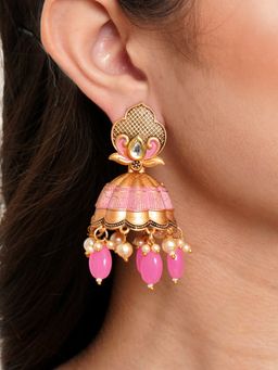 Karatcart - Gold Plated Pink Tumble and Golden Pearl Studded Jhumki Earrings for Women
