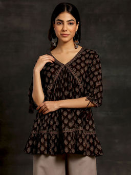 Libas - Yellow Floral Printed Fit and Flared Panelled Mini Dress