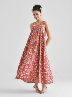 Rustorange - Red Dabu Floral Sleeveless Dress with Neckline and Centre Front Detail Maxi Dress
