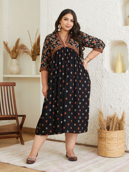 Rustorange - Black Bloom In The Dark V Neck Gathered Maxi Dress