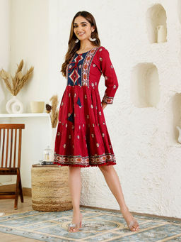 Rustorange - Maroon Abstract Print Tiered Knee Length Dress with Tie Up Detail