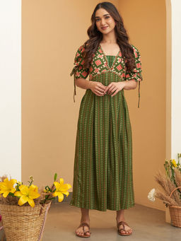 Rustorange - Mehndi Green Box Pleated V Neck Maxi Dress