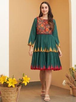 Rustorange - Turquoise Tiered with Pompom Detailing Knee Length Dress