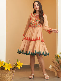 Rustorange - Beige Tiered with Pompom Detailing Knee Length Dress