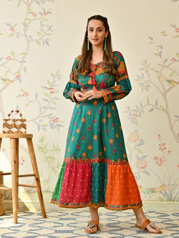 Rustorange - Teal Floral Printed Cotton Tiered Maxi Dress