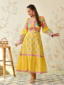 Rustorange - Yellow Floral Printed Cotton Tiered Maxi Dress