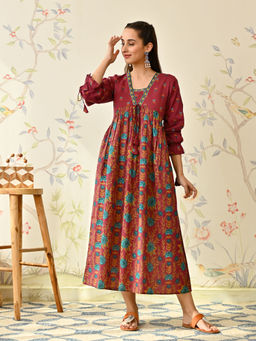 Rustorange - Maroon Floral Printed Cotton Maxi Dress with Puff Sleeves