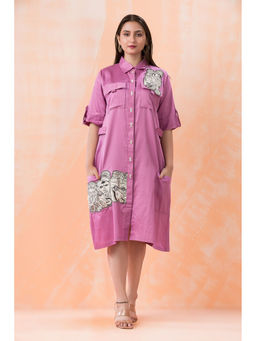 KAFTANIZE - KitKat Hot Pink Pocket Front with Patch Detailed Midi Dress